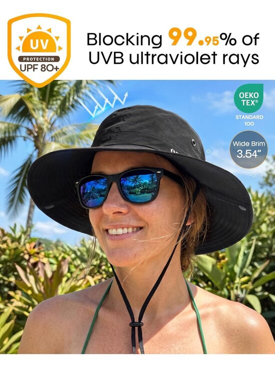 〽️Women Black Ponytail UPF 80+ Wide Brim Packable Cowboy Hat Beach Sun Hat main image 6